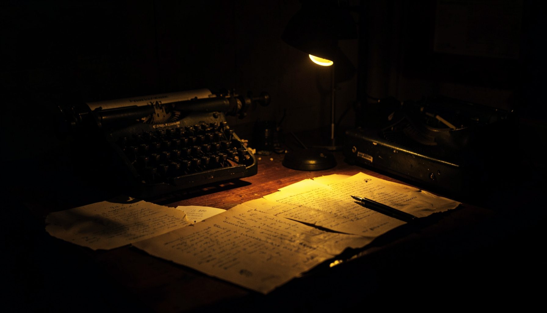 A dimly lit wooden writing desk with scattered manuscript pages, an old typewriter, and a single warm lamp casting long shadows across the surface.