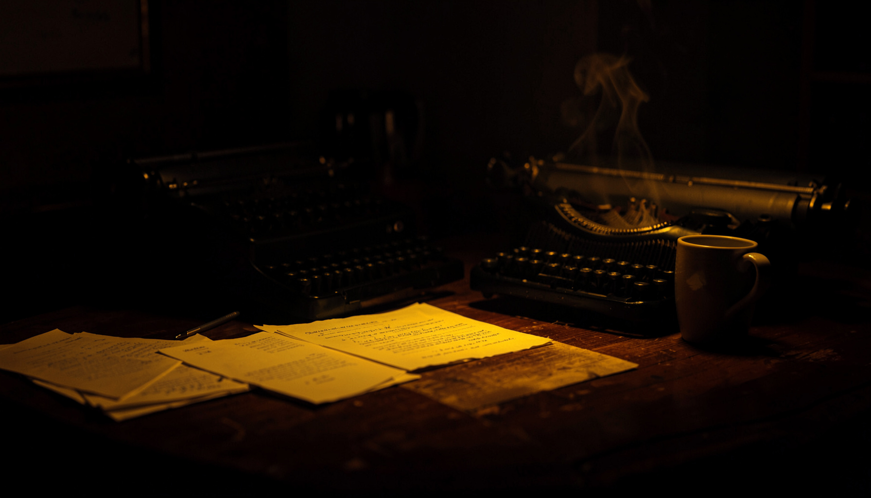 A dimly lit wooden writing desk with scattered papers, an old typewriter, and a steaming coffee mug, warm amber tones against deep shadow.