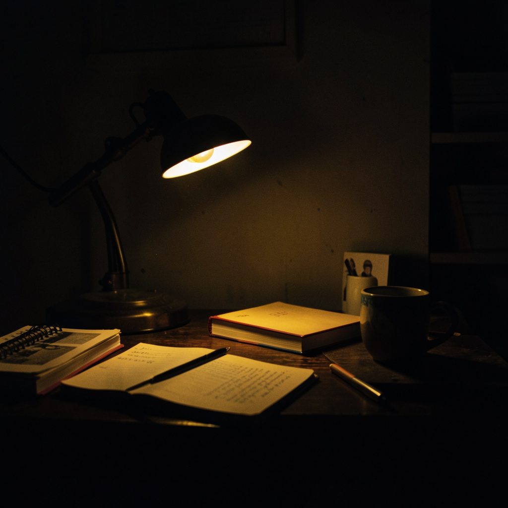 Dark, low-key portrait-style photograph of a writer's workspace with a vintage desk lamp casting warm light on stacked notebooks and a coffee cup, deep shadows throughout.
