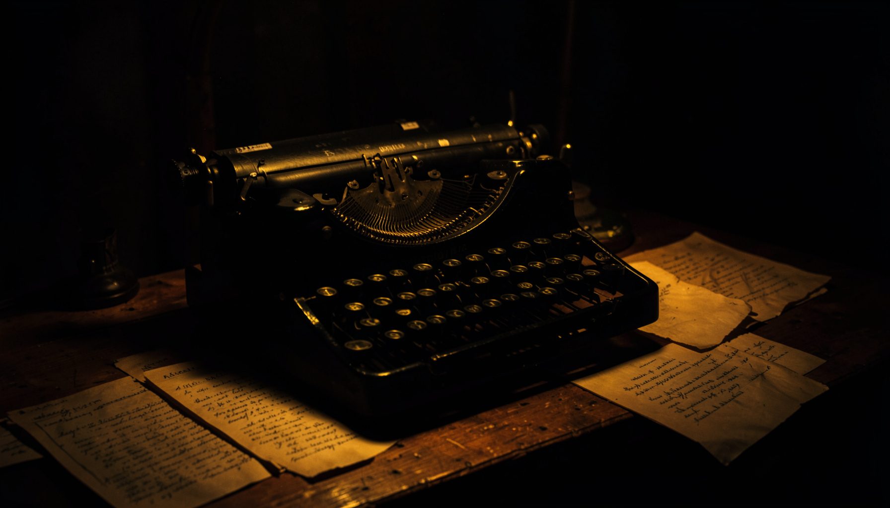 Dark, low-key photograph of an antique typewriter on a worn wooden desk, lit by a single warm lamp casting deep shadows across scattered manuscript pages.